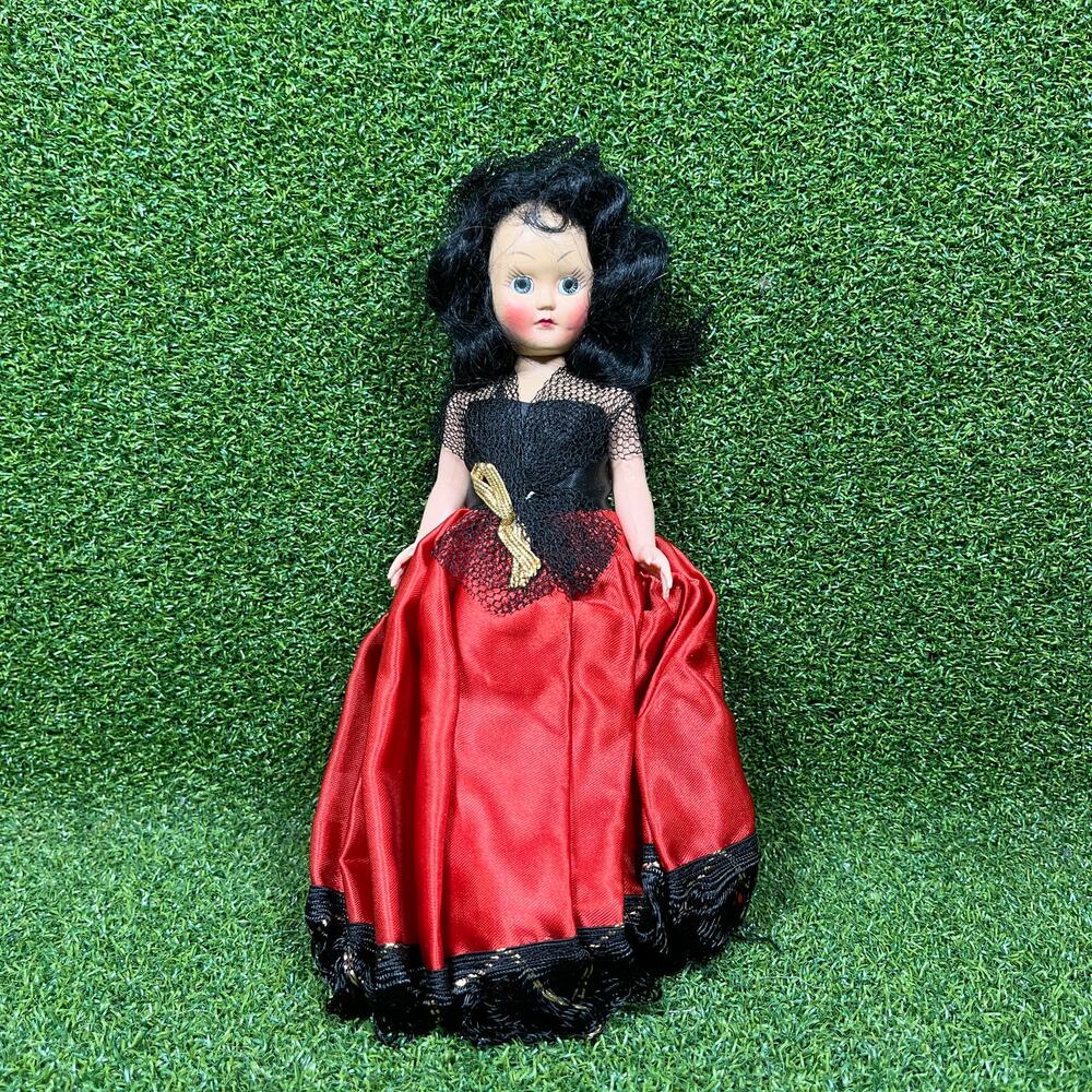 Vintage 1950s 60s Spanish Flamenco Doll 8" Red Black Dress Lace Veil Unmarked